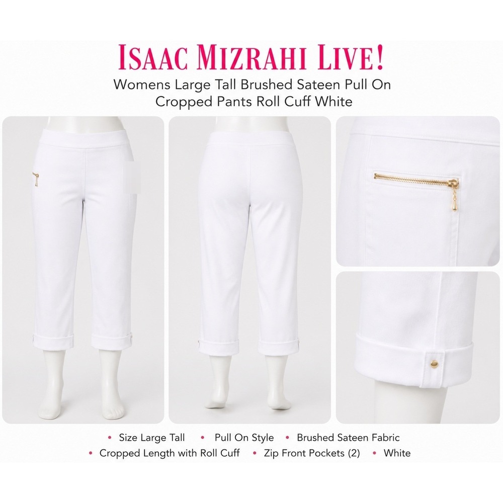 Isaac Mizrahi Live! Womens Large Tall Brushed Sateen Pull On Cropped Pants White